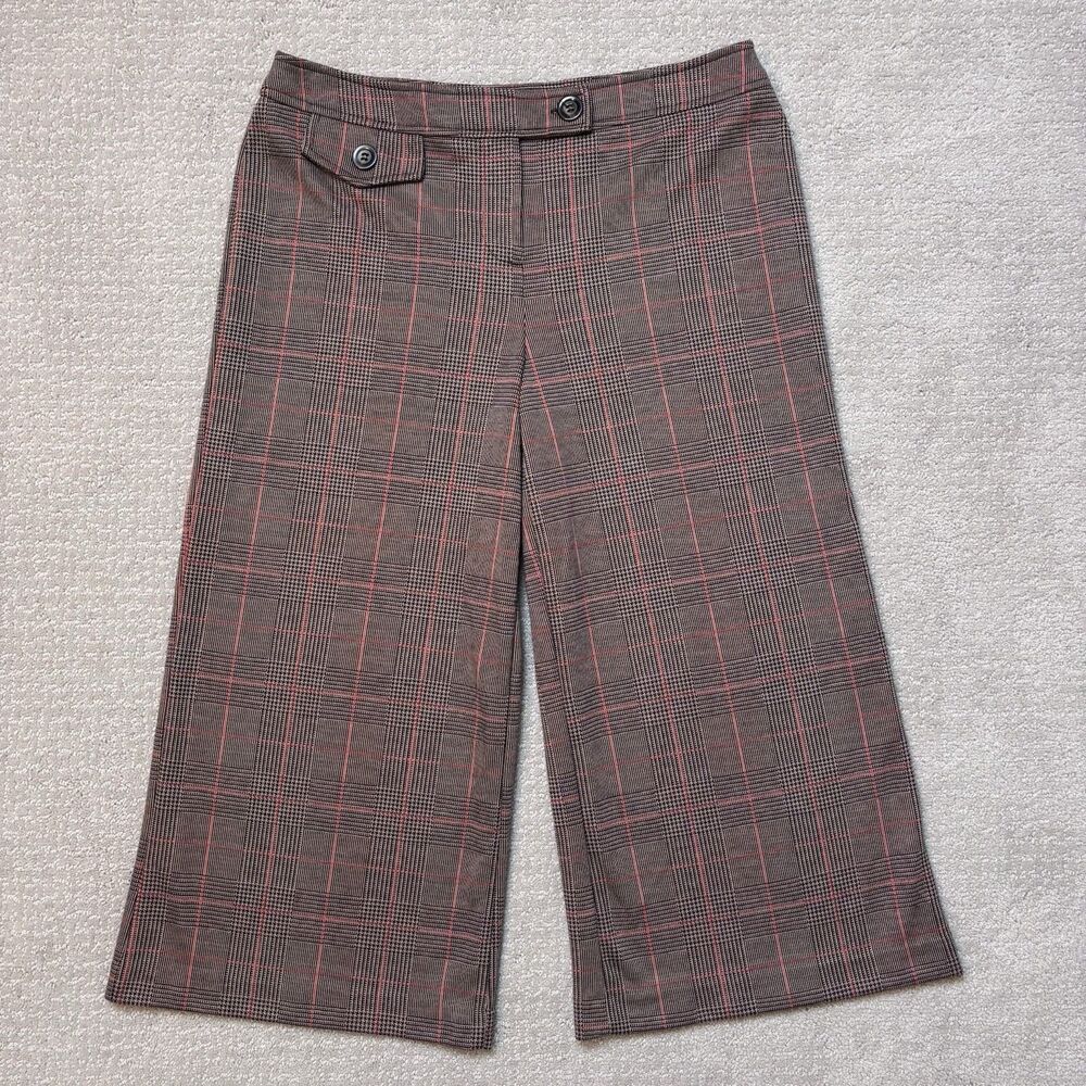NY&Co Women’s Brown Glen Plaid Houndstooth Wide Leg Cropped Pants Sz S Academia